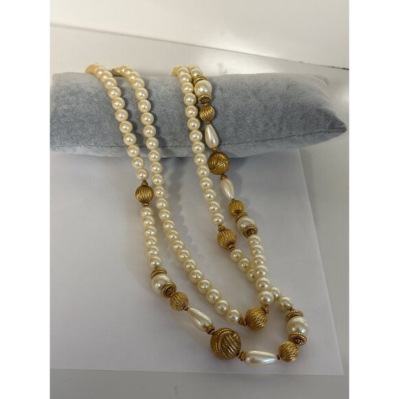 Vintage Faux Pearl Gold Tone Beads Long Necklace Classic Jewelry 58 in - Picture 8 of 10